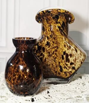 Vintage Estate Murano Style Hand Blown Art Glass Vases Tortoiseshell Patterns